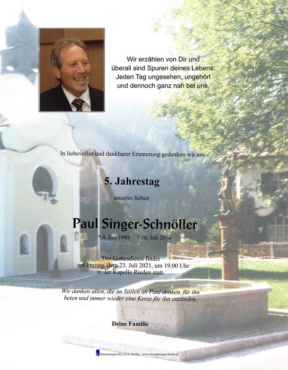 Paul Singer-Schnöller, am 23.07.2021 um 19:00 Uhr Kapelle in Rieden