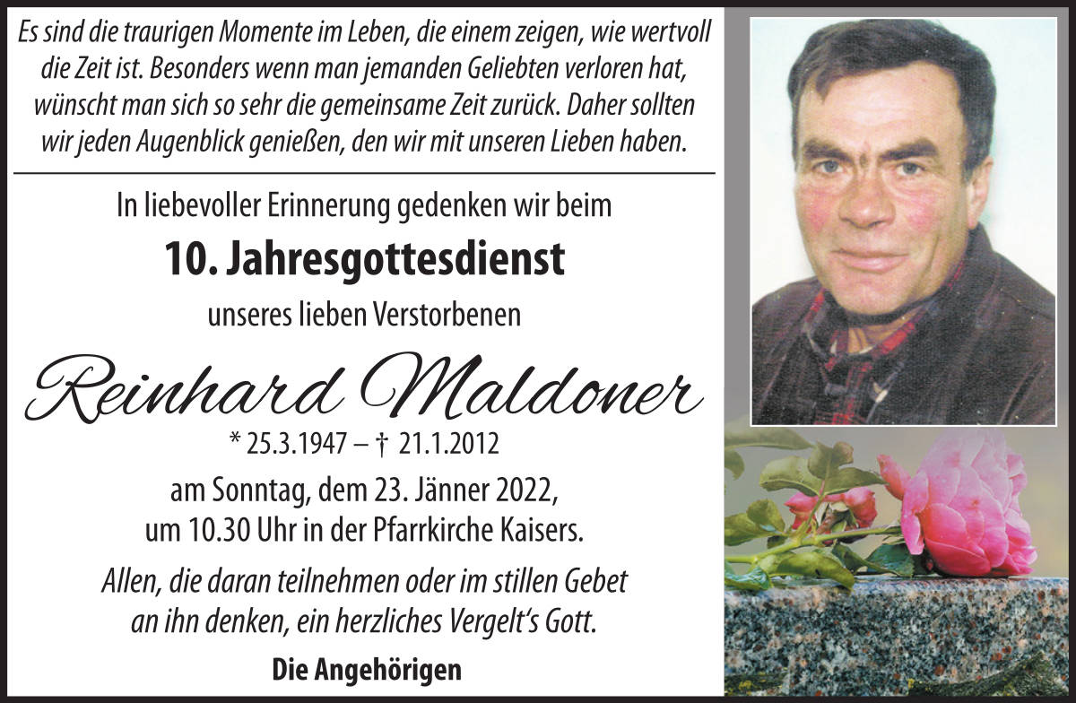 Reinhard Maldoner, 23.01.2022 um 10.30 Uhr in der Pfarrkirche Kaisers