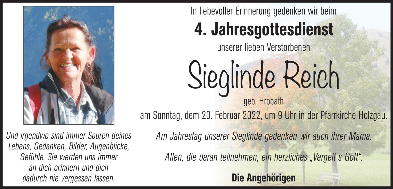 Sieglinde Reich, 20.02.2022 um 9.00 Uhr in der Pfarrkirche Holzgau