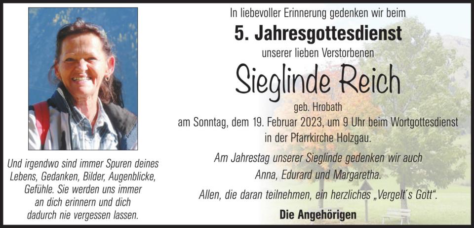 Sieglinde Reich, 19.02.2023 um 9.00 Uhr in der Pfarrkirche Holzgau