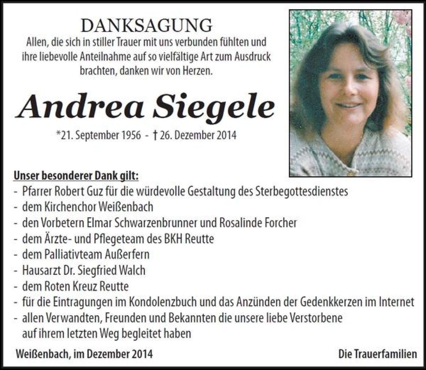 Erinnerung an Andrea Siegele | Trauerportal - Bestattungen Klaus Reutte